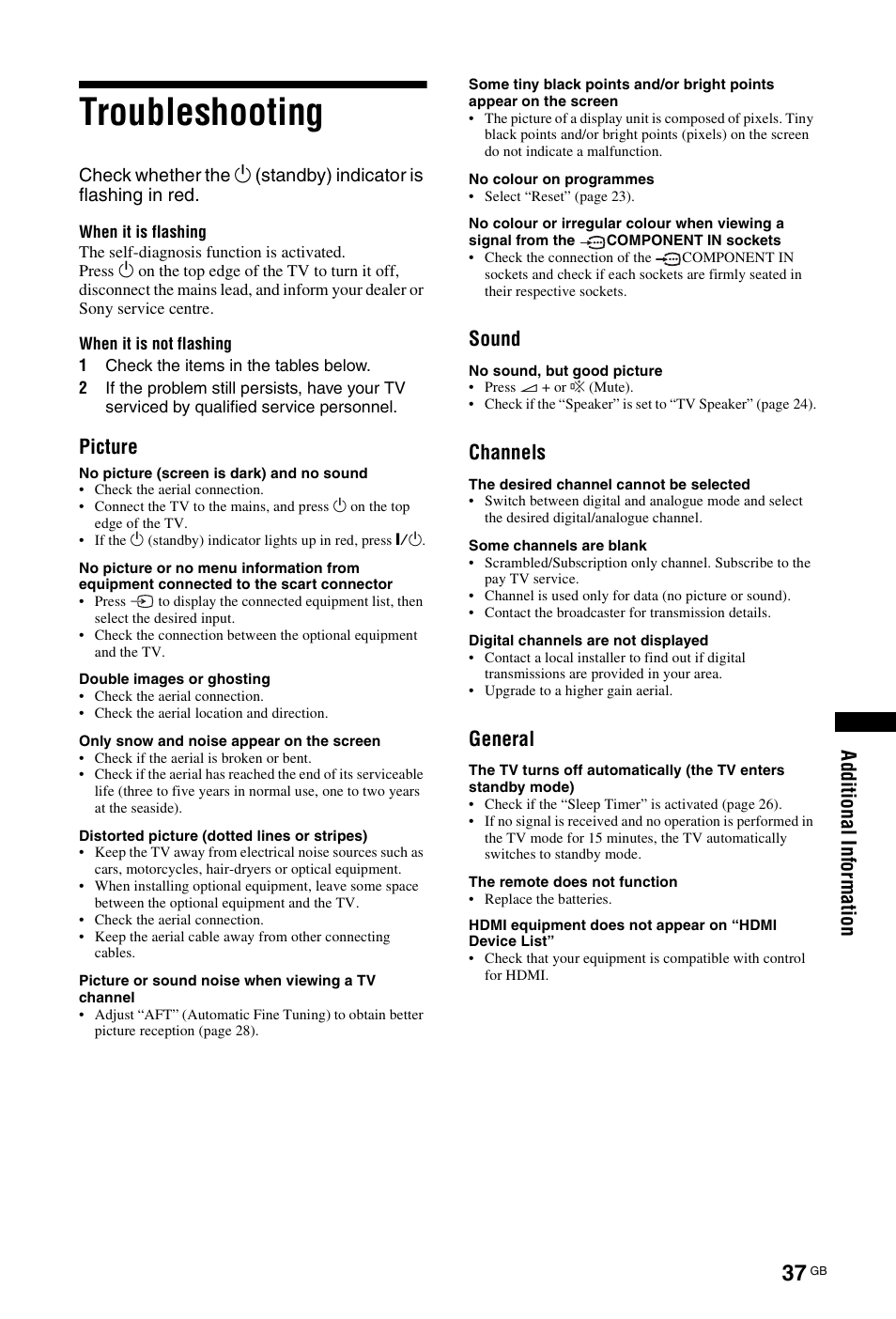 Troubleshooting, Picture, Sound | Channels, General | Sony BRAVIA KDL-26L40xx User Manual | Page 37 / 40