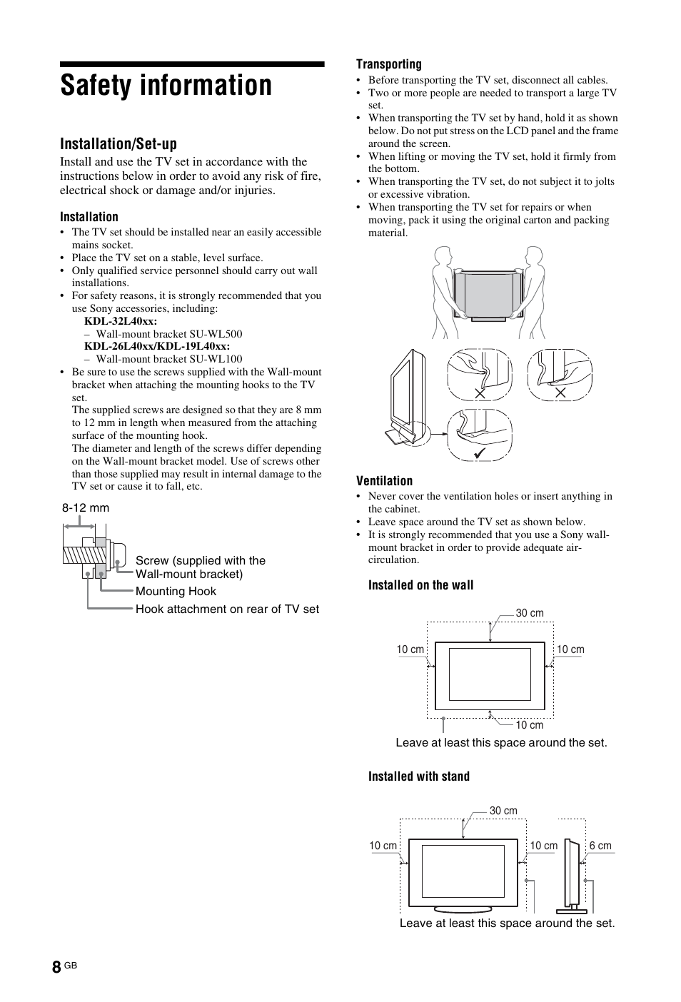 Safety information, Installation/set-up | Sony BRAVIA KDL-26L40xx User Manual | Page 8 / 40