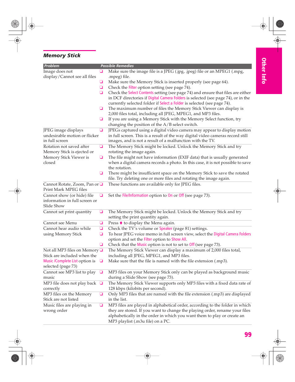 Memory stick | Sony KD-30XS955 User Manual | Page 100 / 107