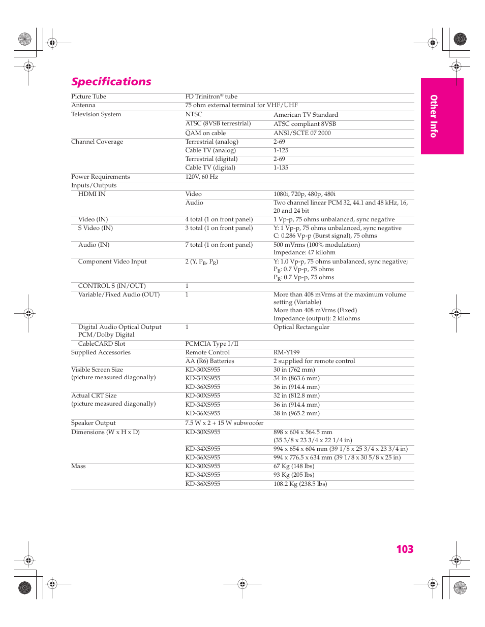 Specifications | Sony KD-30XS955 User Manual | Page 104 / 107