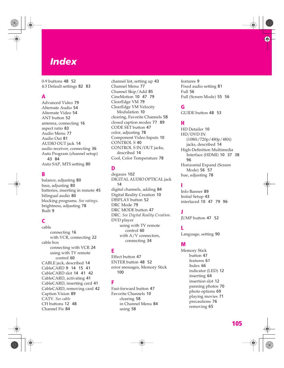 Index | Sony KD-30XS955 User Manual | Page 106 / 107