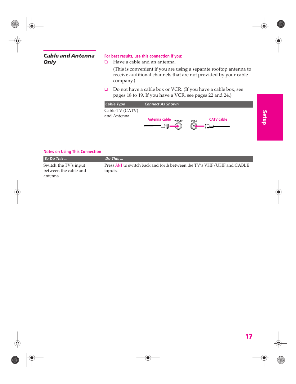 Cable and antenna only | Sony KD-30XS955 User Manual | Page 18 / 107