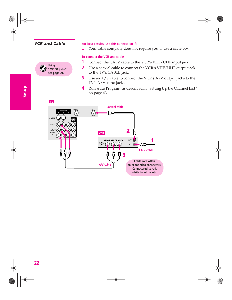 Vcr and cable, S 22 an, S 22 | Sony KD-30XS955 User Manual | Page 23 / 107