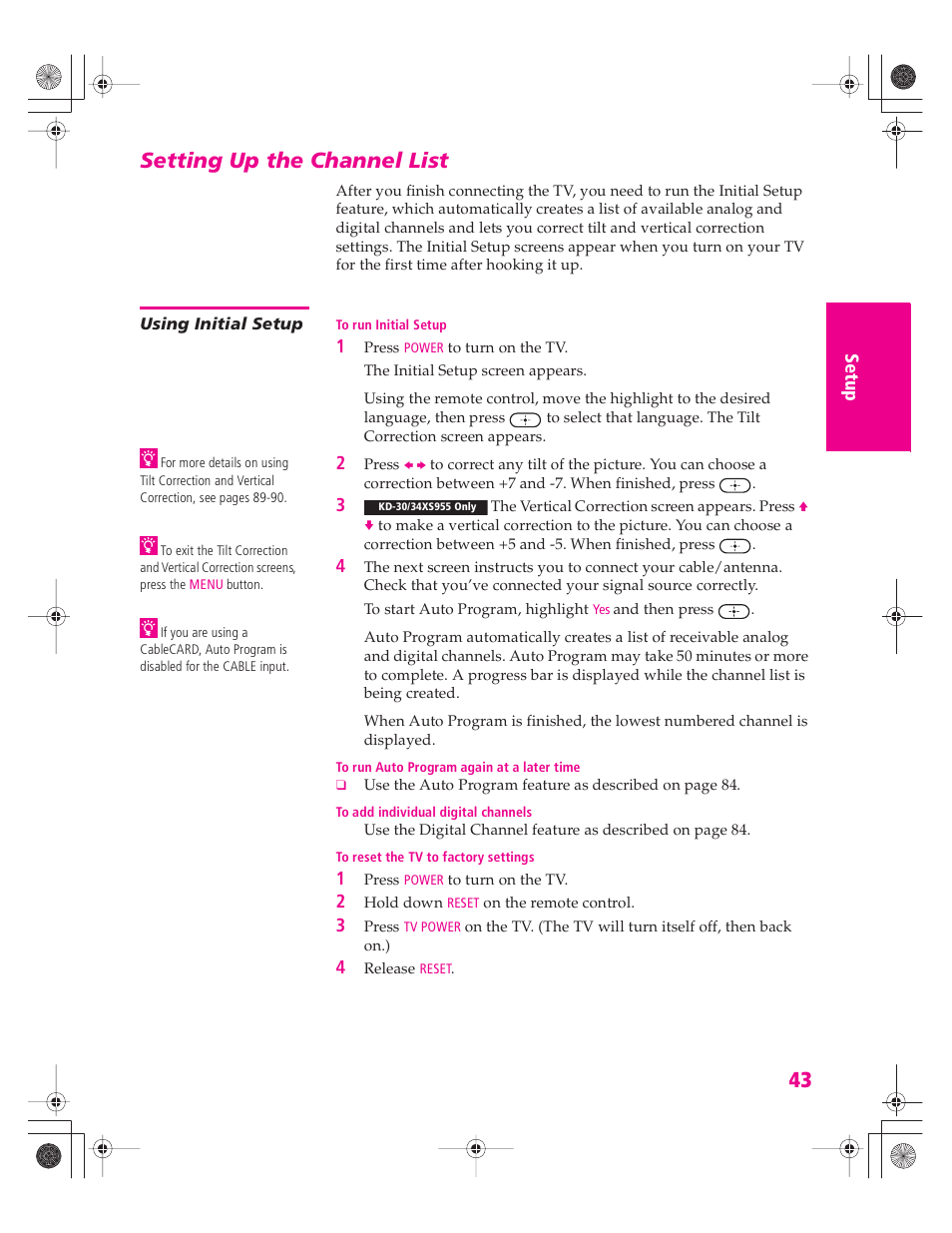 Setting up the channel list, Using initial setup | Sony KD-30XS955 User Manual | Page 44 / 107