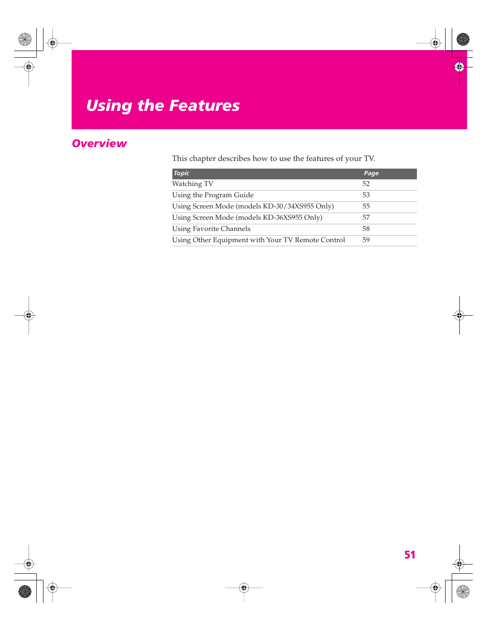 Using the features, Overview | Sony KD-30XS955 User Manual | Page 52 / 107