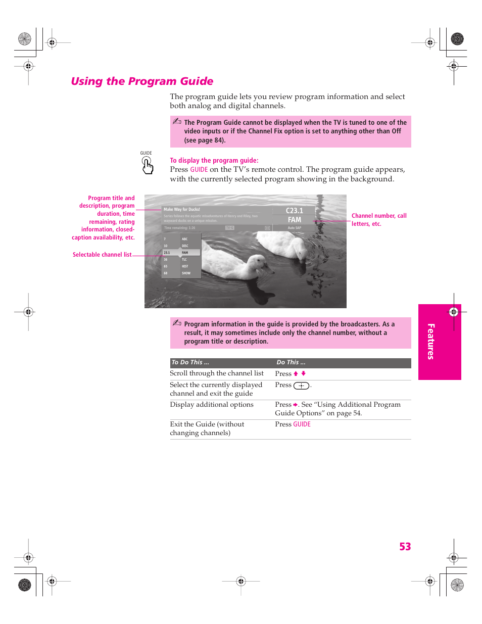 Using the program guide | Sony KD-30XS955 User Manual | Page 54 / 107