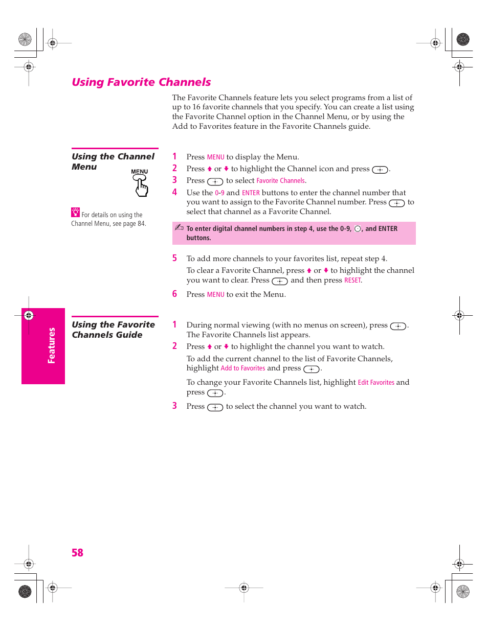 Using favorite channels, Using the channel menu, Using the favorite channels guide | Sony KD-30XS955 User Manual | Page 59 / 107