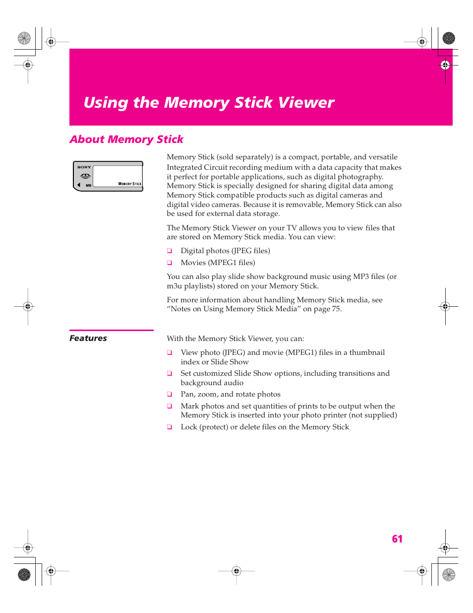 Using the memory stick viewer, About memory stick, Features | Sony KD-30XS955 User Manual | Page 62 / 107