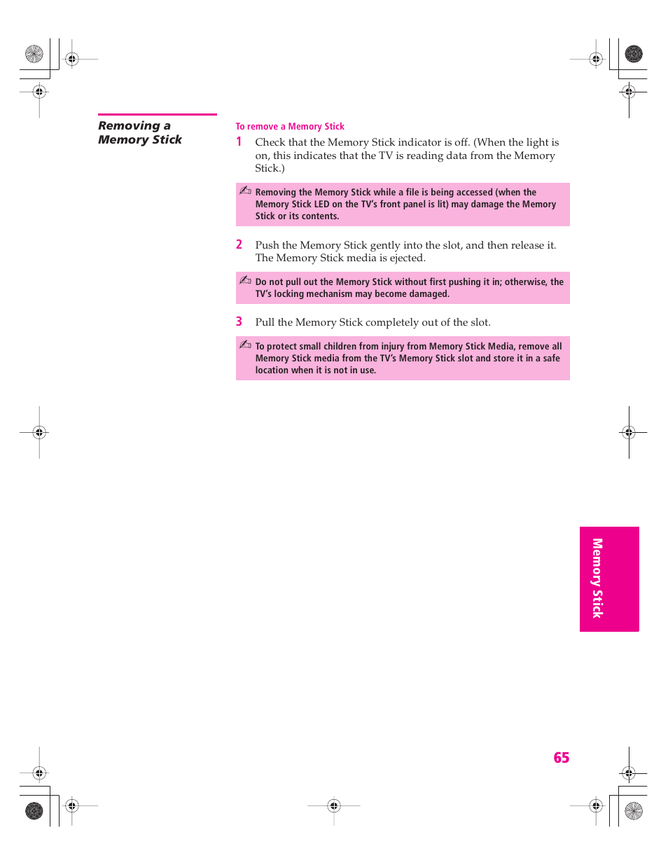 Removing a memory stick | Sony KD-30XS955 User Manual | Page 66 / 107