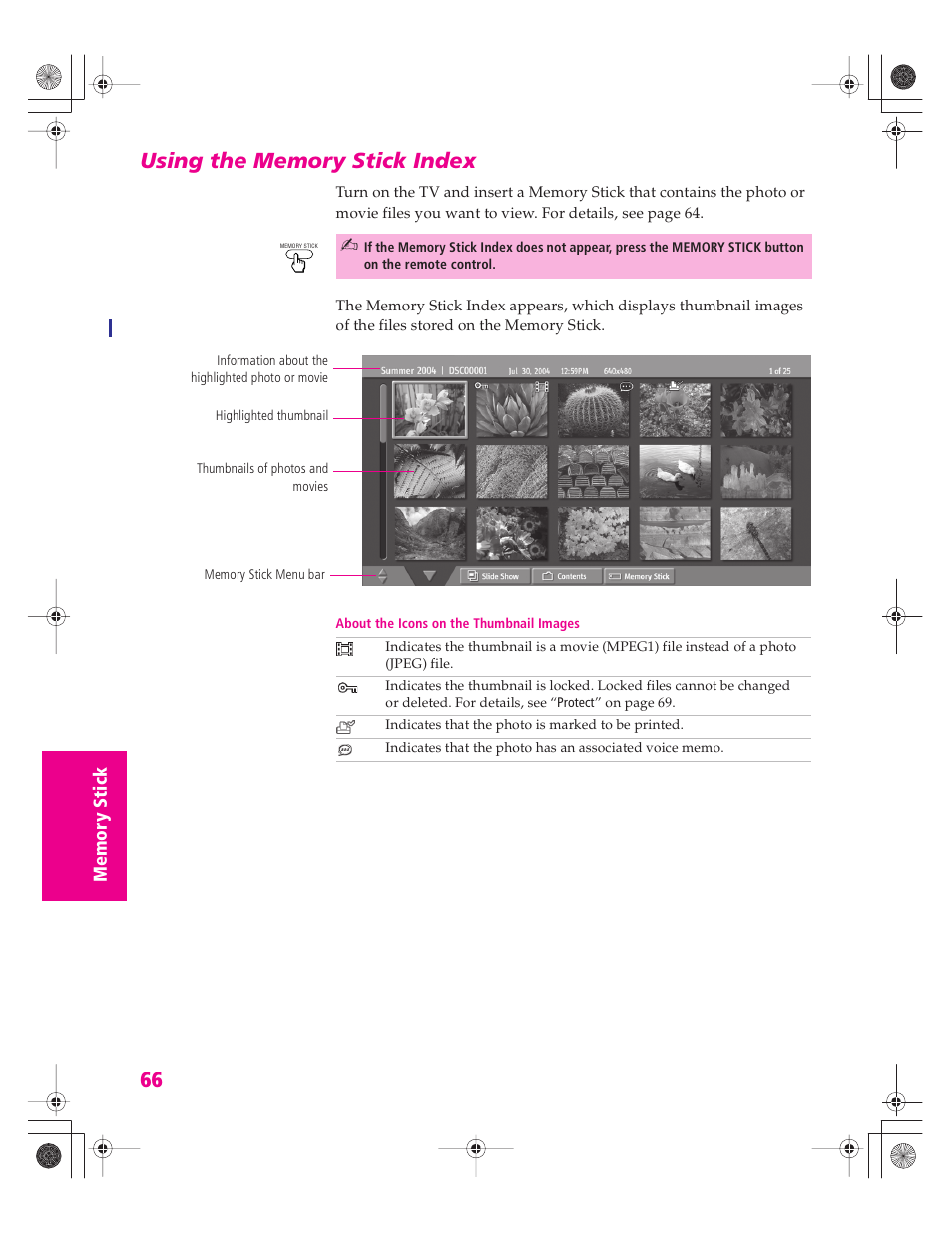 Using the memory stick index | Sony KD-30XS955 User Manual | Page 67 / 107