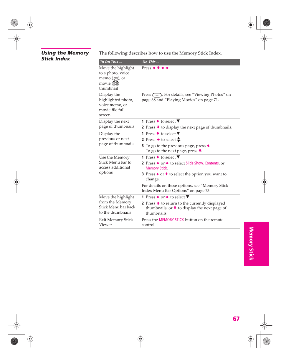 Using the memory stick index | Sony KD-30XS955 User Manual | Page 68 / 107