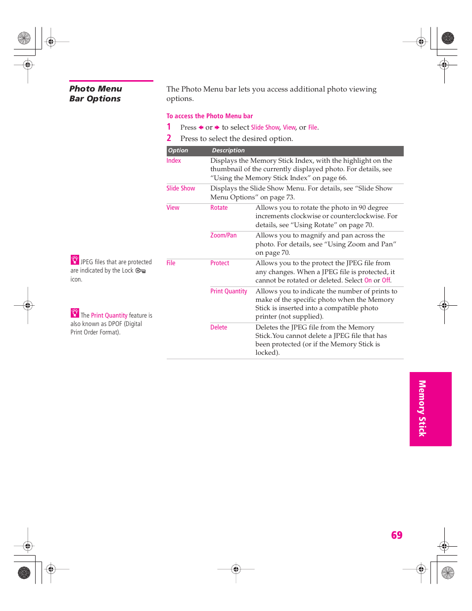 Photo menu bar options | Sony KD-30XS955 User Manual | Page 70 / 107