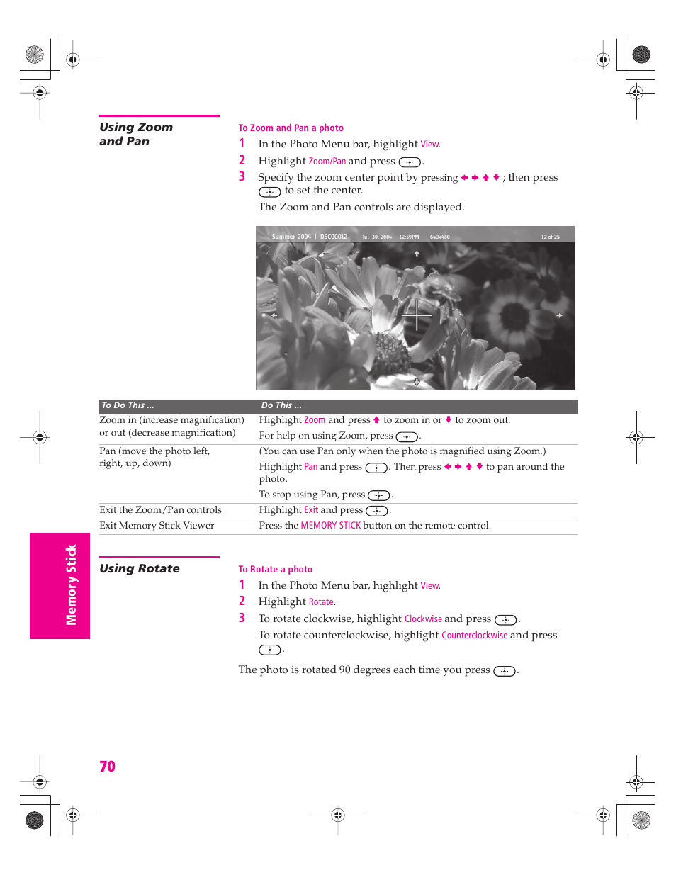 Using zoom and pan, Using rotate | Sony KD-30XS955 User Manual | Page 71 / 107