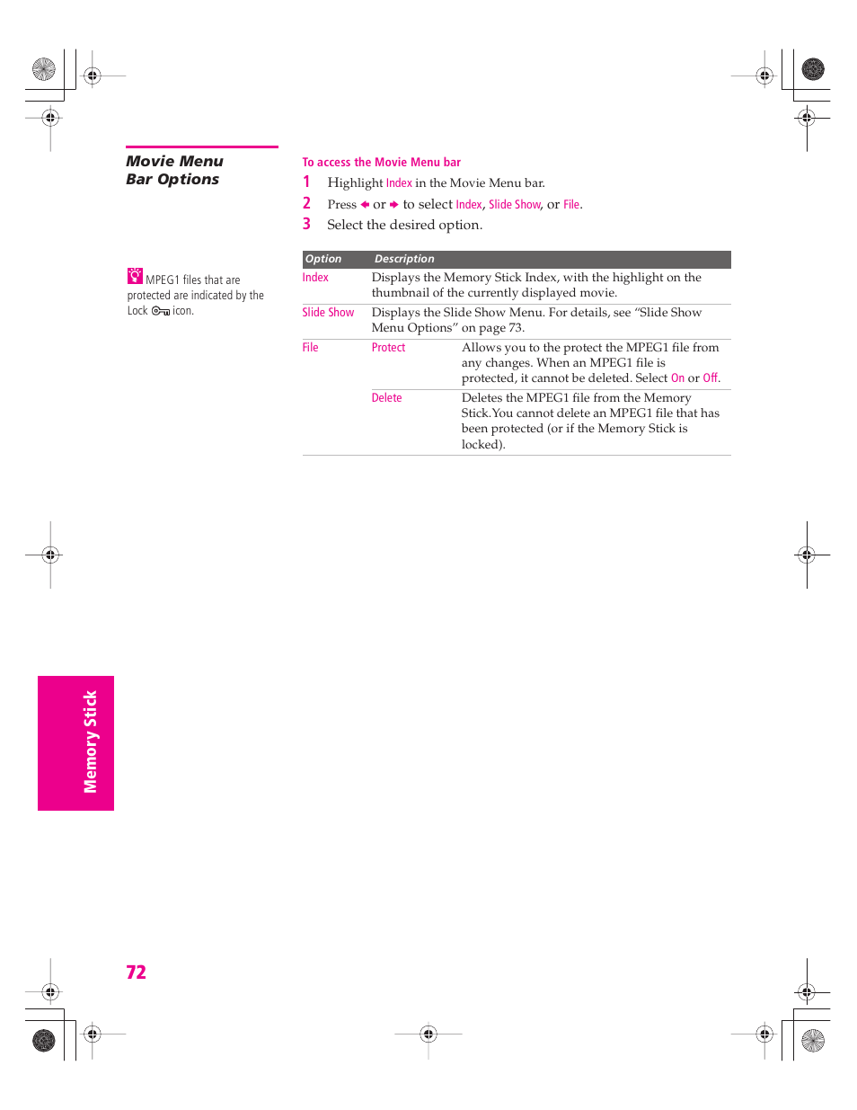 Movie menu bar options | Sony KD-30XS955 User Manual | Page 73 / 107