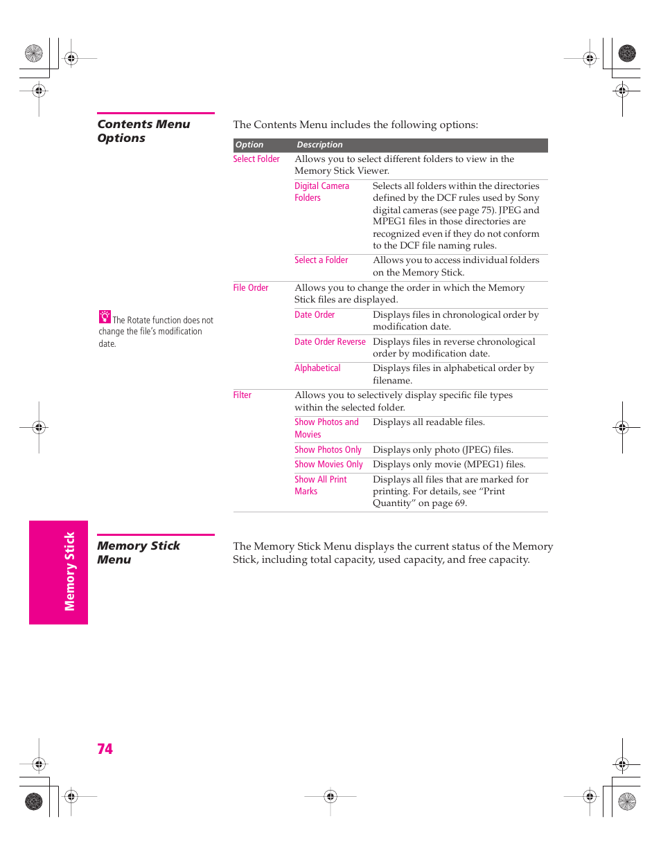 Contents menu options, Memory stick menu | Sony KD-30XS955 User Manual | Page 75 / 107