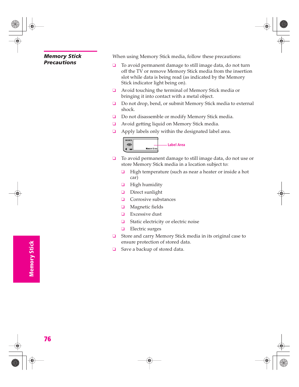 Memory stick precautions | Sony KD-30XS955 User Manual | Page 77 / 107