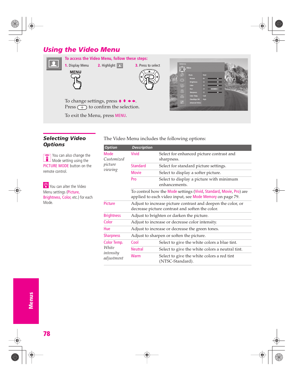 Using the video menu, Selecting video options, See “selecting video options | Sony KD-30XS955 User Manual | Page 79 / 107