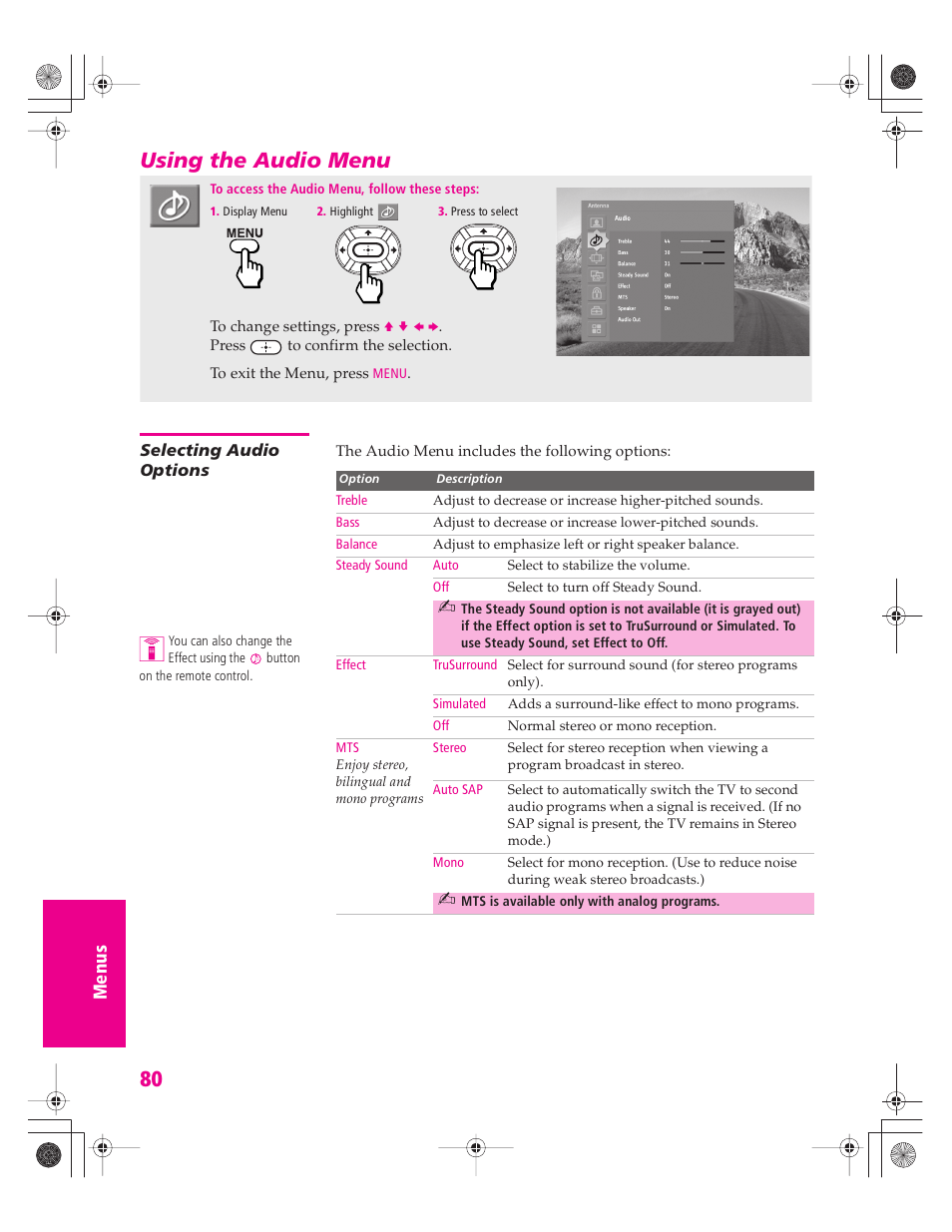 Using the audio menu, Selecting audio options | Sony KD-30XS955 User Manual | Page 81 / 107