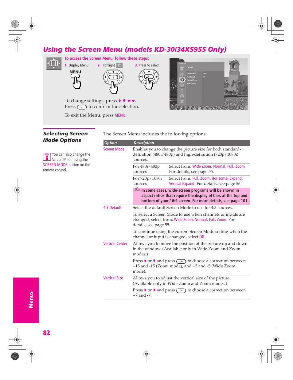 Using the screen menu (models kd-30/34xs955 only), Selecting screen mode options | Sony KD-30XS955 User Manual | Page 83 / 107