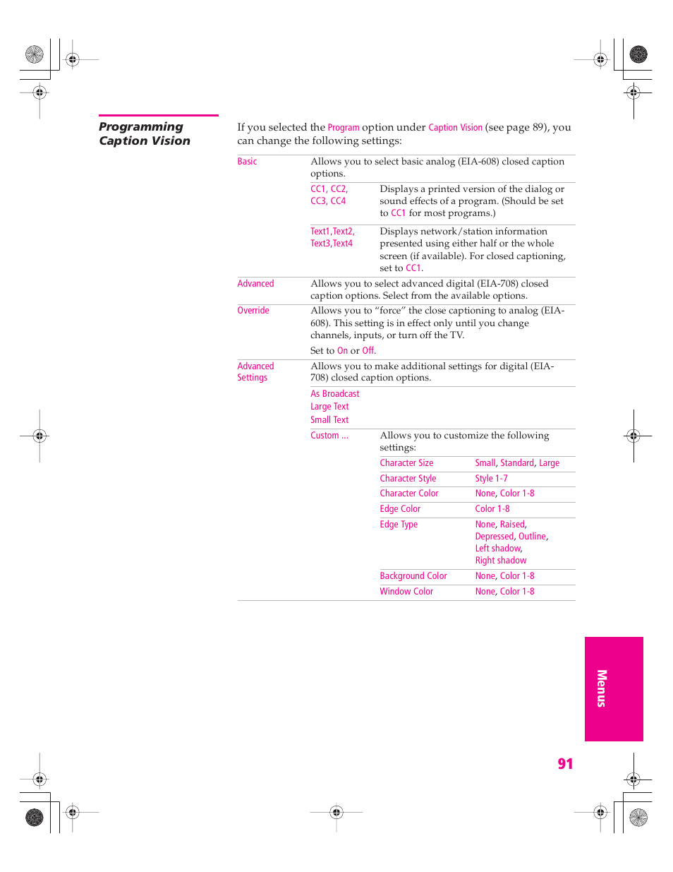 Programming caption vision | Sony KD-30XS955 User Manual | Page 92 / 107