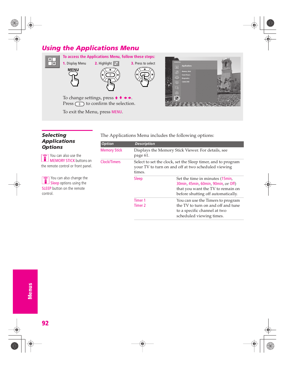 Using the applications menu, Selecting applications options | Sony KD-30XS955 User Manual | Page 93 / 107