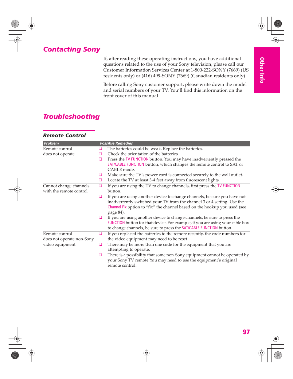 Contacting sony, Troubleshooting, Remote control | Contacting sony troubleshooting | Sony KD-30XS955 User Manual | Page 98 / 107