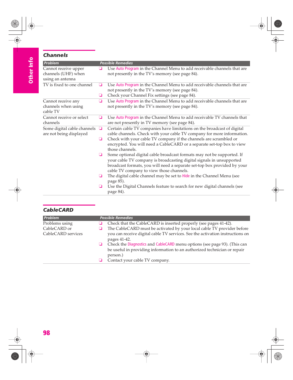 Channels, Cablecard | Sony KD-30XS955 User Manual | Page 99 / 107