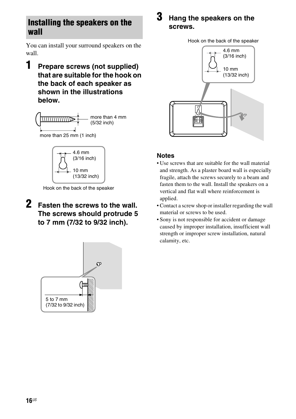 Installing the speakers on the wall, Hang the speakers on the screws | Sony HTD-DW995 User Manual | Page 16 / 80