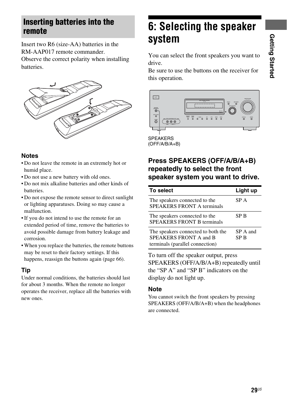 Selecting the speaker system, Inserting batteries into the remote | Sony HTD-DW995 User Manual | Page 29 / 80