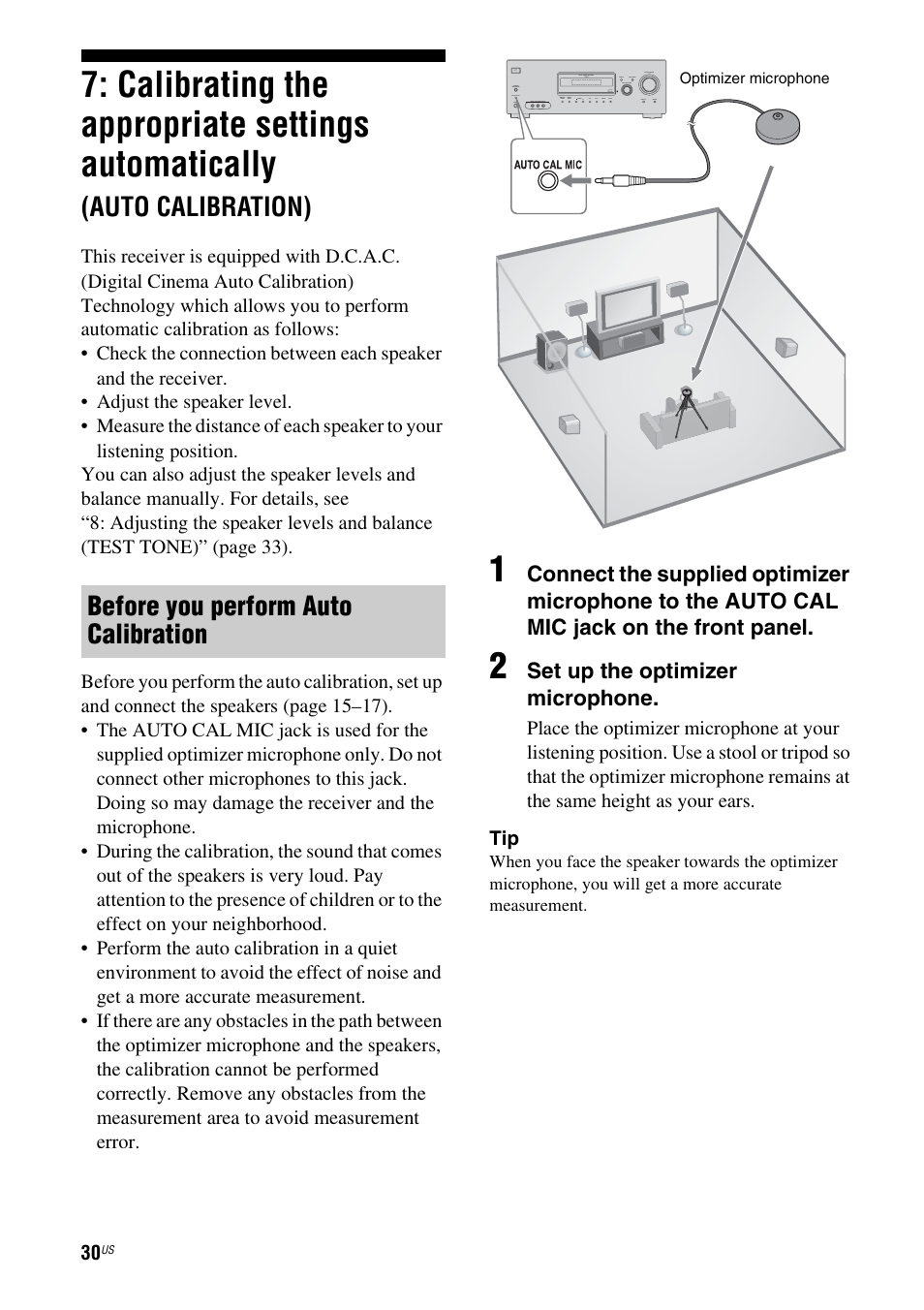 Calibrating the appropriate settings, Automatically, Auto calibration) | Calibrating the appropriate settings automatically, Before you perform auto calibration, Set up the optimizer microphone | Sony HTD-DW995 User Manual | Page 30 / 80