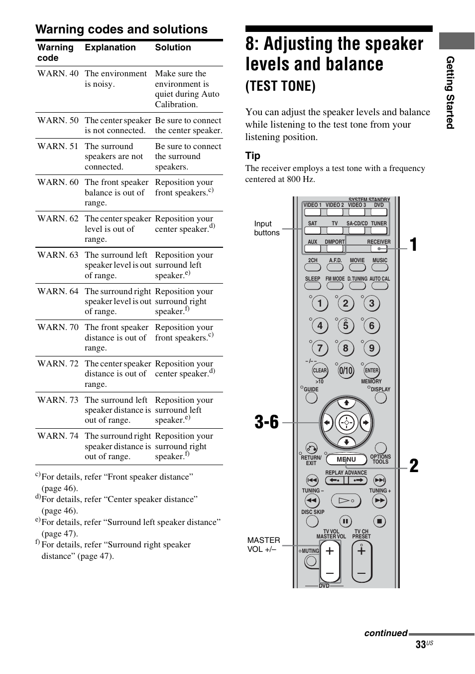 Adjusting the speaker levels and, Balance (test tone), Warning codes and solutions” bel | Adjusting the speaker levels and balance, Test tone), Warning codes and solutions, Ge tting star te d | Sony HTD-DW995 User Manual | Page 33 / 80