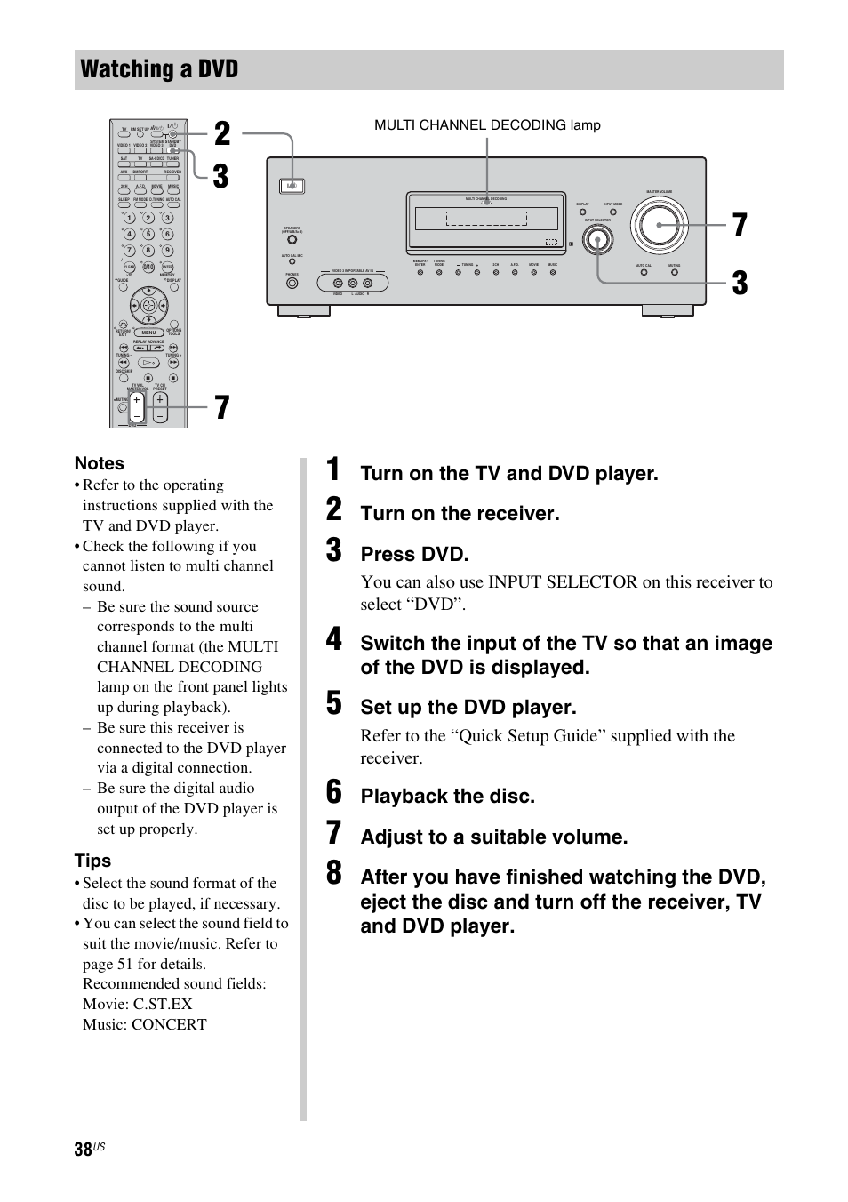 Watching a dvd, Turn on the tv and dvd player, Turn on the receiver | Press dvd, Set up the dvd player, Playback the disc, Adjust to a suitable volume, Tips, Multi channel decoding lamp | Sony HTD-DW995 User Manual | Page 38 / 80