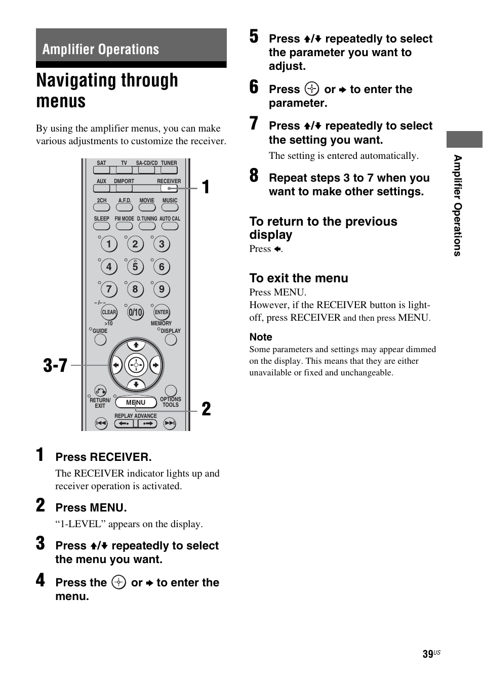 Amplifier operations, Navigating through menus | Sony HTD-DW995 User Manual | Page 39 / 80