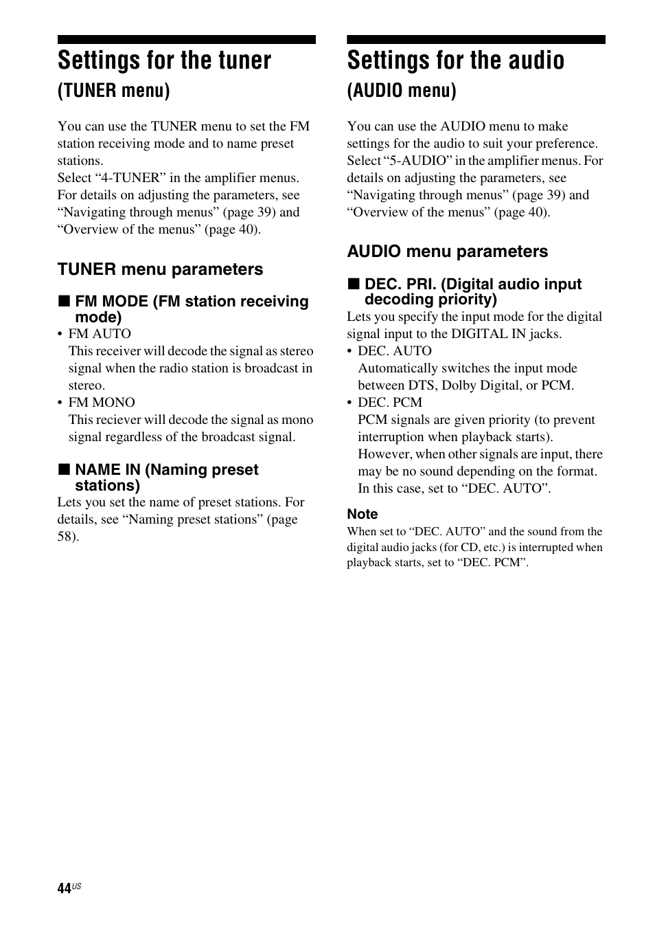 Settings for the tuner (tuner menu), Settings for the audio (audio menu), Io (44) | Settings for the tuner, Settings for the audio, Tuner menu), Audio menu) | Sony HTD-DW995 User Manual | Page 44 / 80