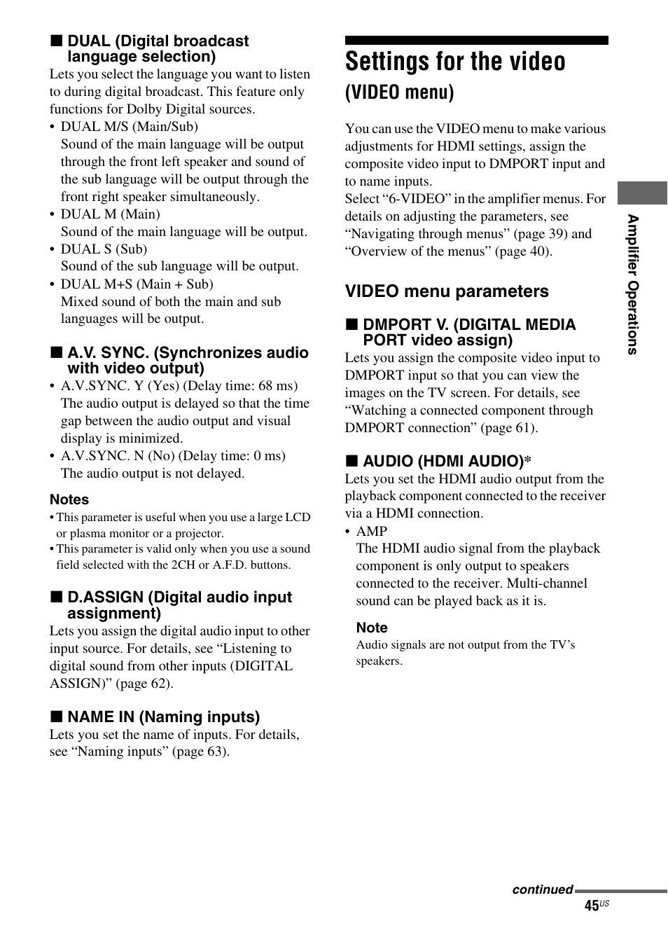 Settings for the video (video menu), O (45), Settings for the video | Video menu) | Sony HTD-DW995 User Manual | Page 45 / 80