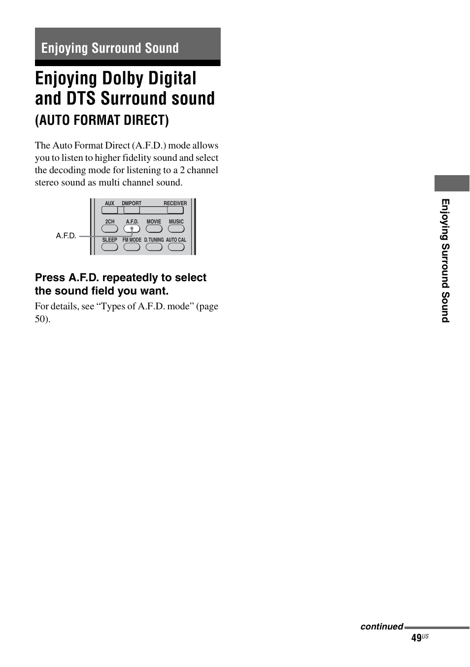 Enjoying surround sound, Enjoying dolby digital and dts surround, Sound (auto format direct) | E 49, Enjoying dolby digital and dts surround sound, Auto format direct) | Sony HTD-DW995 User Manual | Page 49 / 80