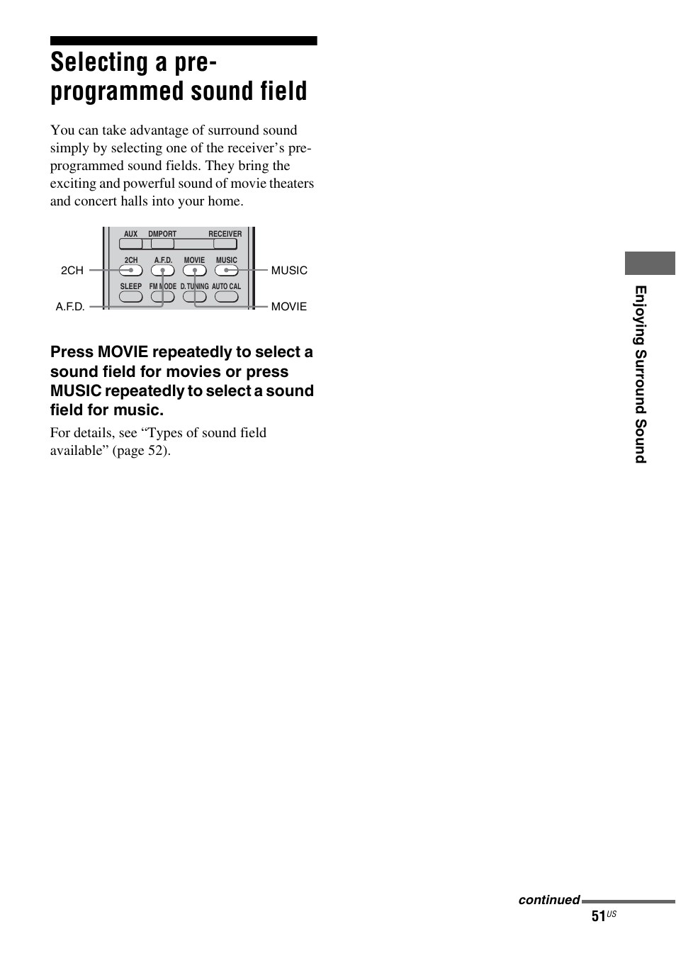 Selecting a pre- programmed sound field, Selecting a pre-programmed sound field | Sony HTD-DW995 User Manual | Page 51 / 80