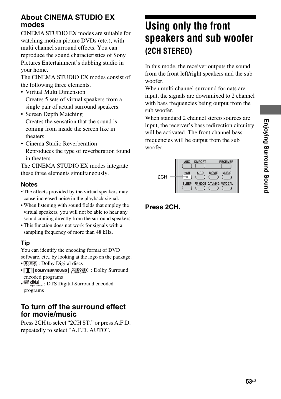 Using only the front speakers and sub, Woofer (2ch stereo), Using only the front speakers and sub woofer | 2ch stereo), About cinema studio ex modes | Sony HTD-DW995 User Manual | Page 53 / 80