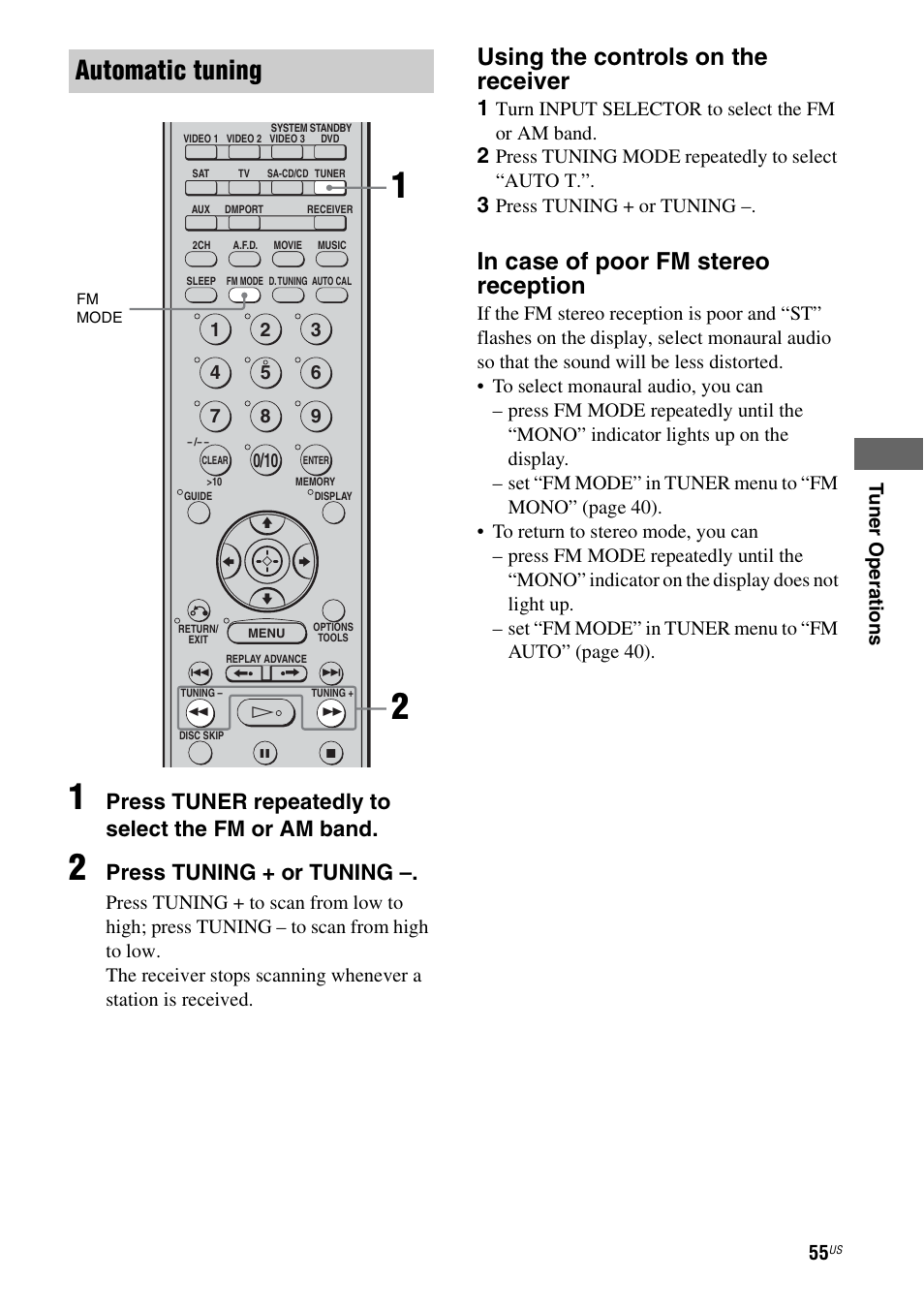 E 55, Automatic tuning, Using the controls on the receiver | Press tuner repeatedly to select the fm or am band, Press tuning + or tuning | Sony HTD-DW995 User Manual | Page 55 / 80