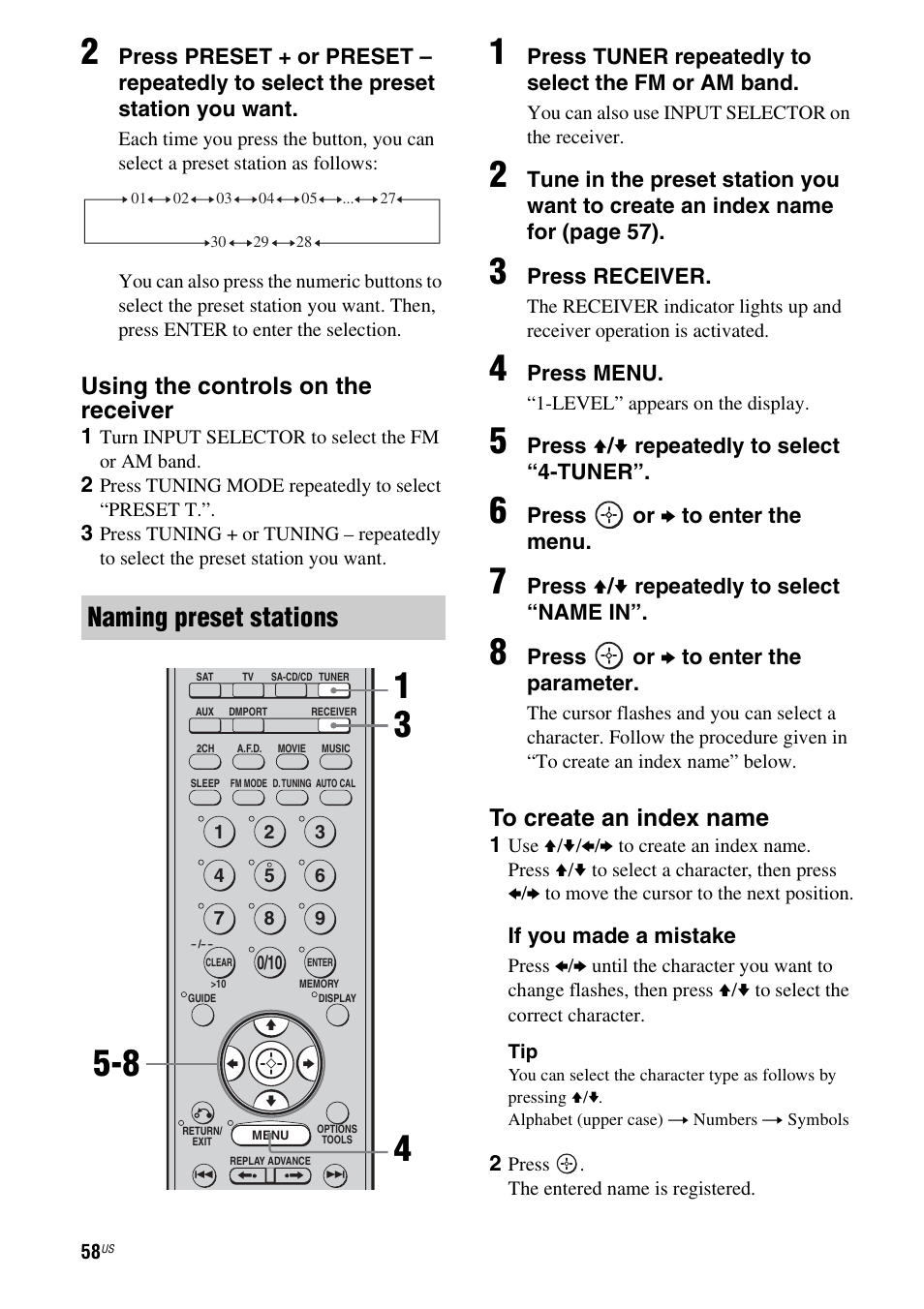 Naming preset stations, Using the controls on the receiver | Sony HTD-DW995 User Manual | Page 58 / 80