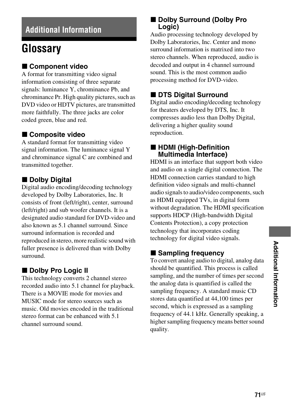 Additional information, Glossary | Sony HTD-DW995 User Manual | Page 71 / 80