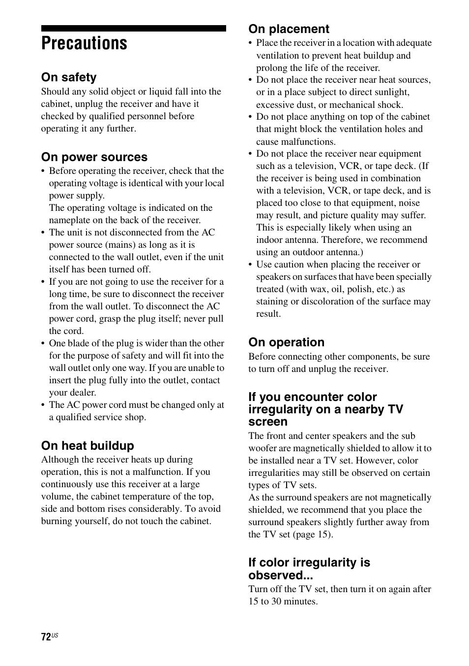 Precautions | Sony HTD-DW995 User Manual | Page 72 / 80