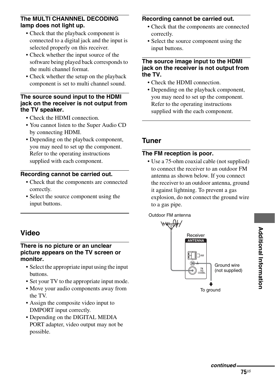 Video, Tuner | Sony HTD-DW995 User Manual | Page 75 / 80