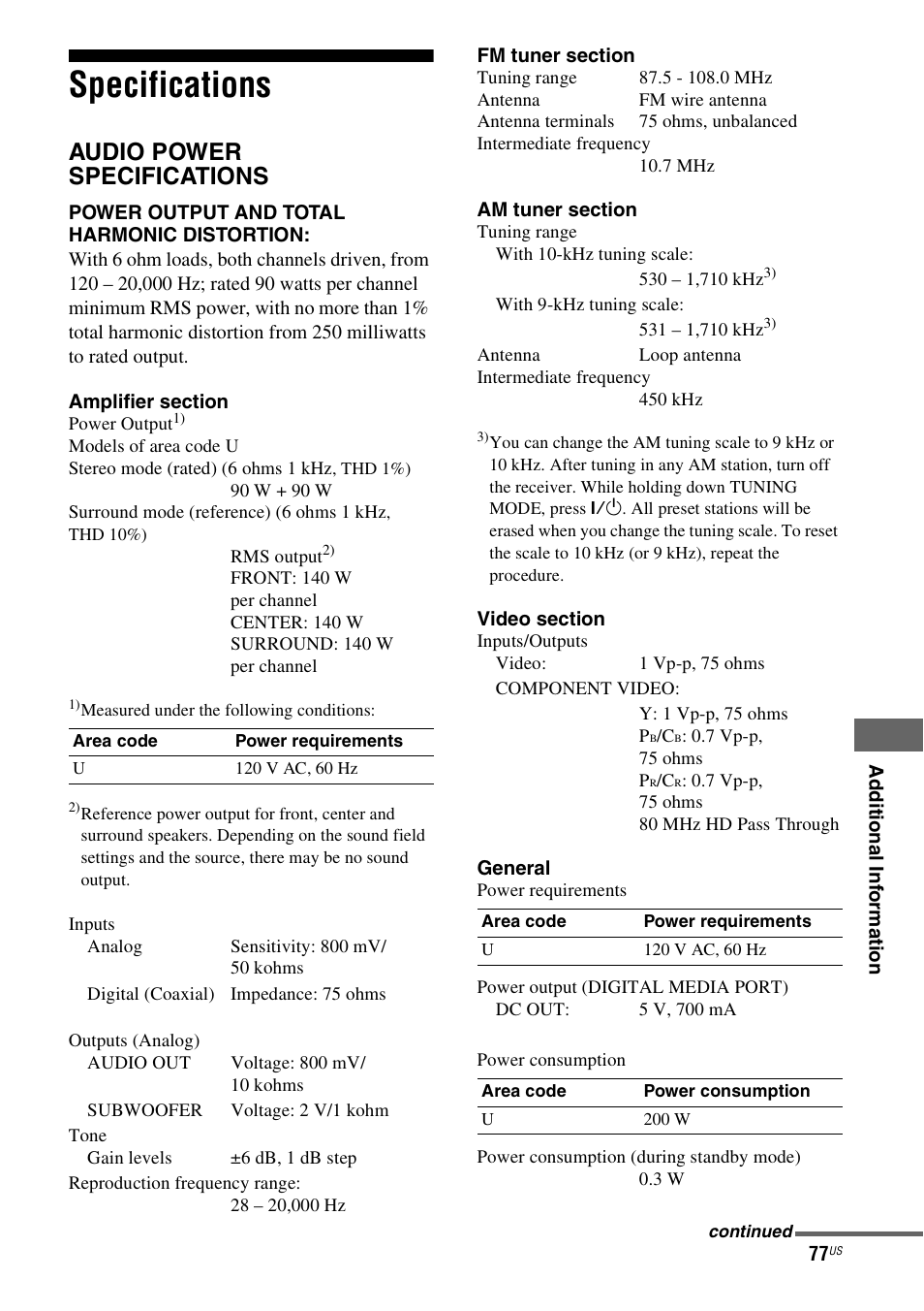 Specifications, Audio power specifications | Sony HTD-DW995 User Manual | Page 77 / 80