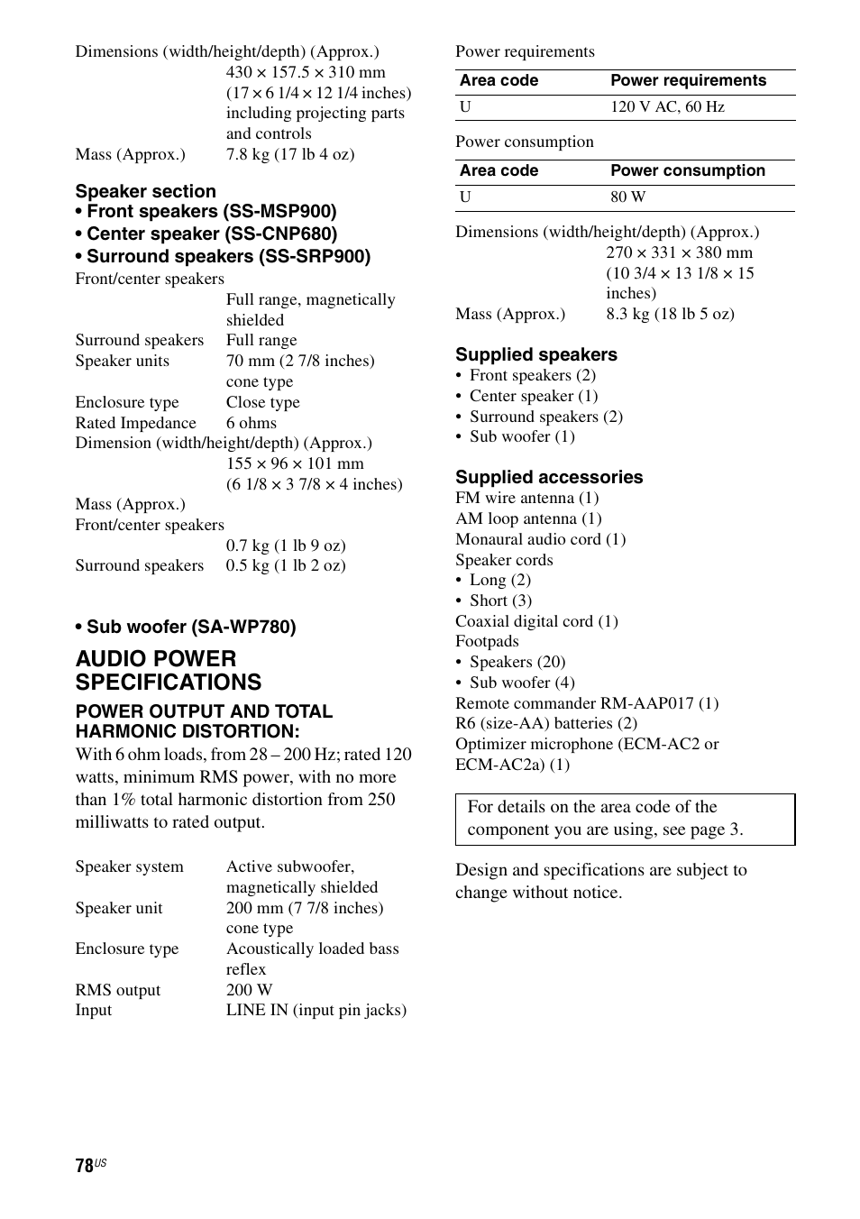 Audio power specifications | Sony HTD-DW995 User Manual | Page 78 / 80