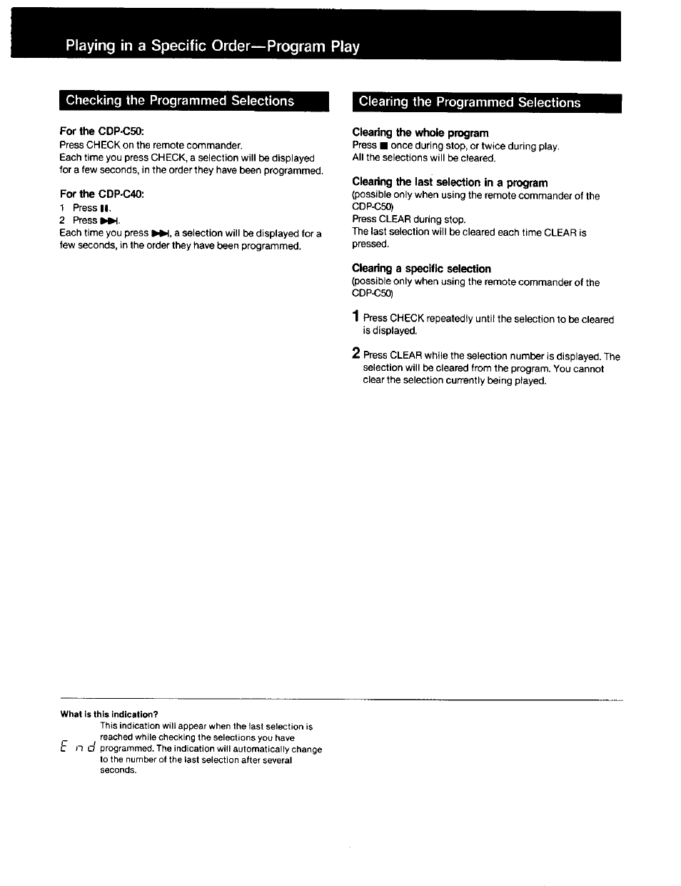 Clearing the whole program, Clearing the last selection in a program, Clearing a specific selection | Playing in a specific order—program play | Sony CDP-C40 User Manual | Page 11 / 16
