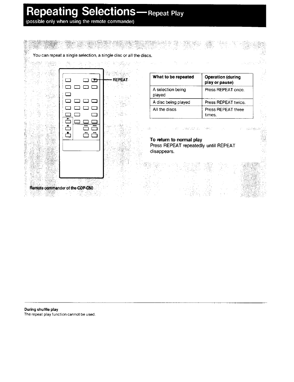 To return to normal play, Press repeat repeatedly until repeat disappears, Repeating selections | Sony CDP-C40 User Manual | Page 13 / 16