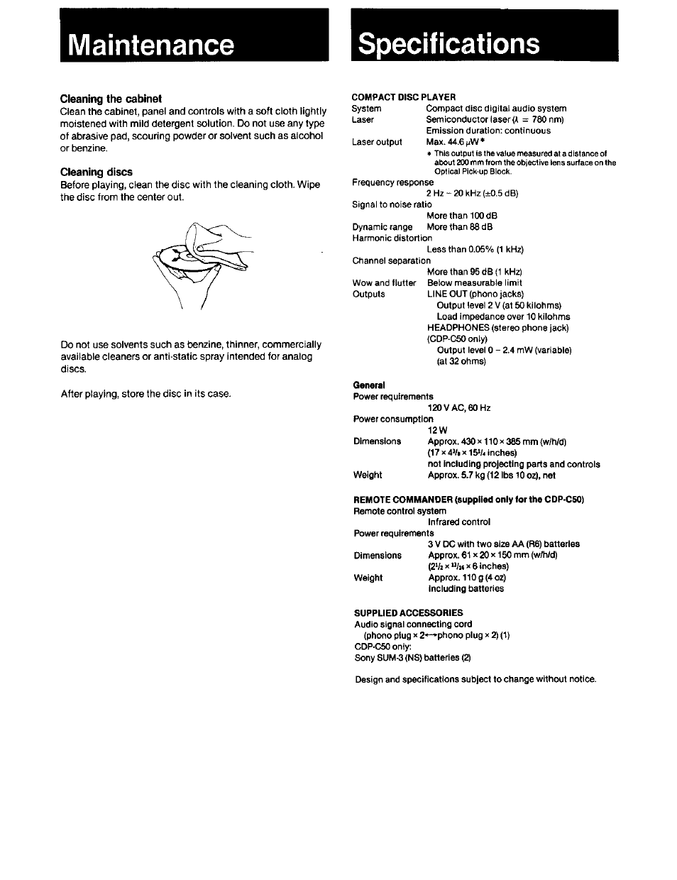 Cleaning the cabinet, Cleaning discs, Maintenance specifications | Sony CDP-C40 User Manual | Page 15 / 16
