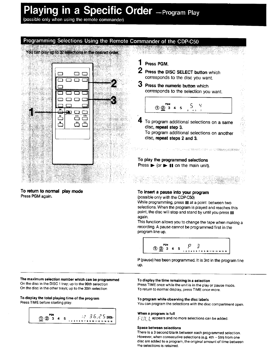 To insert a pause into your program, To display the total playing time of the program, To display the time remaining in a selection | To program while observing the disc labels, When a program is full, Space between selections, Iji_ l, 35 s | Sony CDP-C40 User Manual | Page 9 / 16