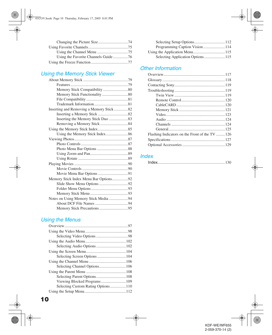 Using the menus, Other information, Index | Sony GRAND WEGA 2-059-370-14(2) User Manual | Page 10 / 132